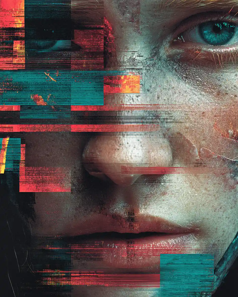 Retrato glitch em close extremo de rosto fragmentado
