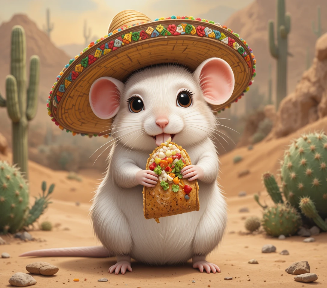 Rato mexicano fofo comendo um taco no deserto