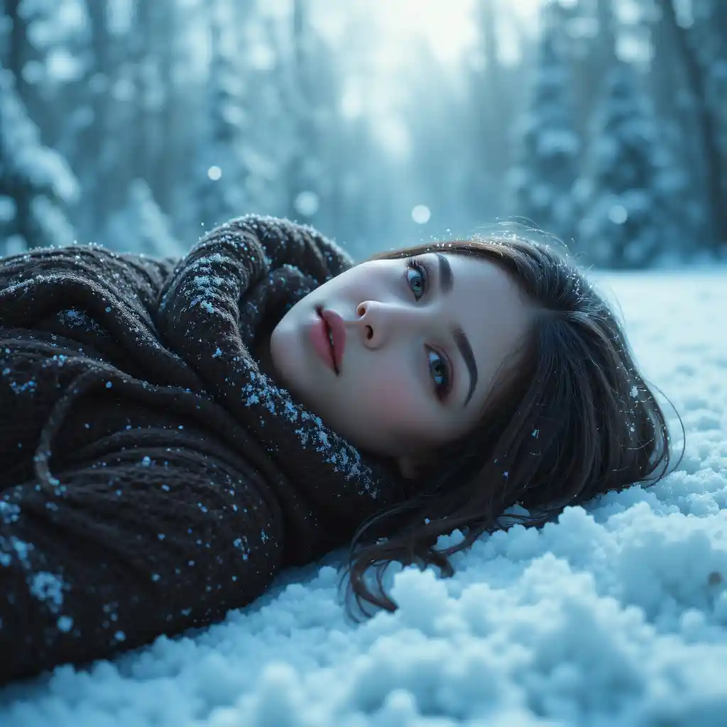 Young pale woman lying still on winter snow
