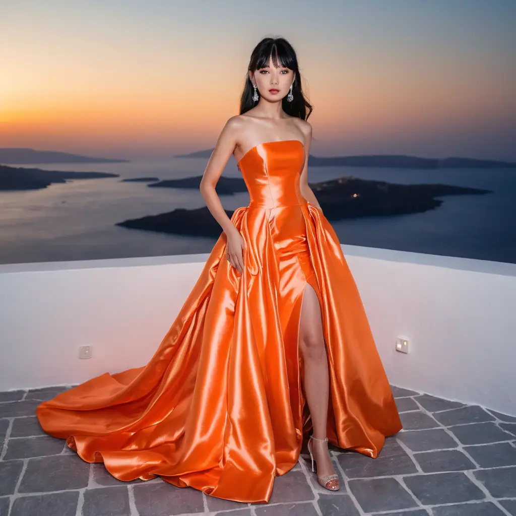 Mulher elegante em vestido de cetim laranja à noite em Santorini