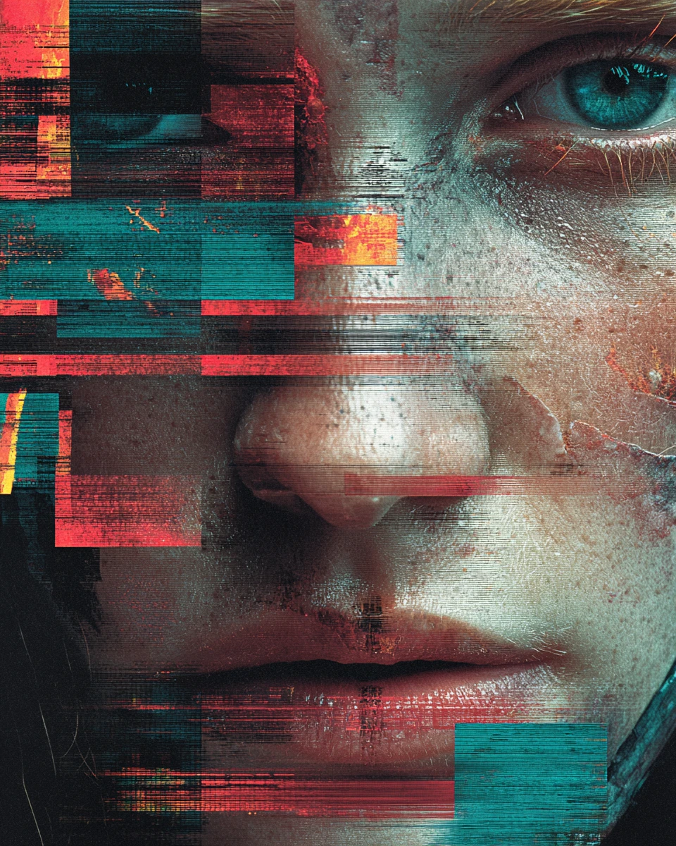 Retrato glitch em close extremo de rosto fragmentado