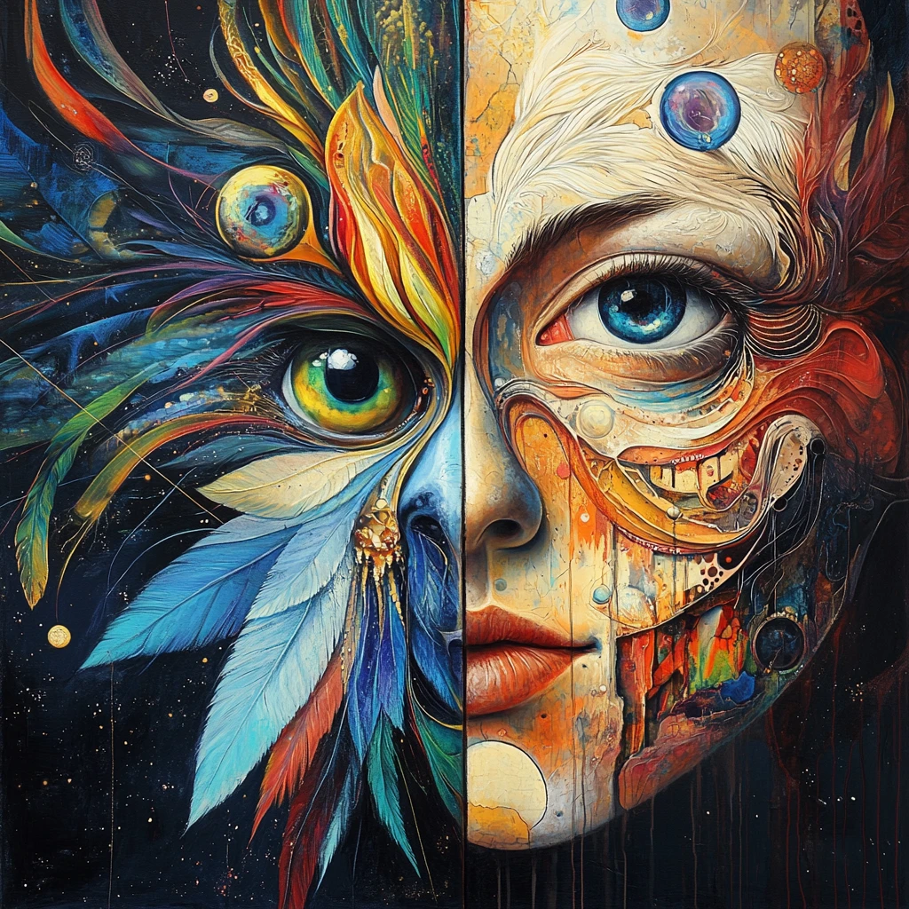 Surreal Hybrid Face With Cosmic Bird And Human Duality