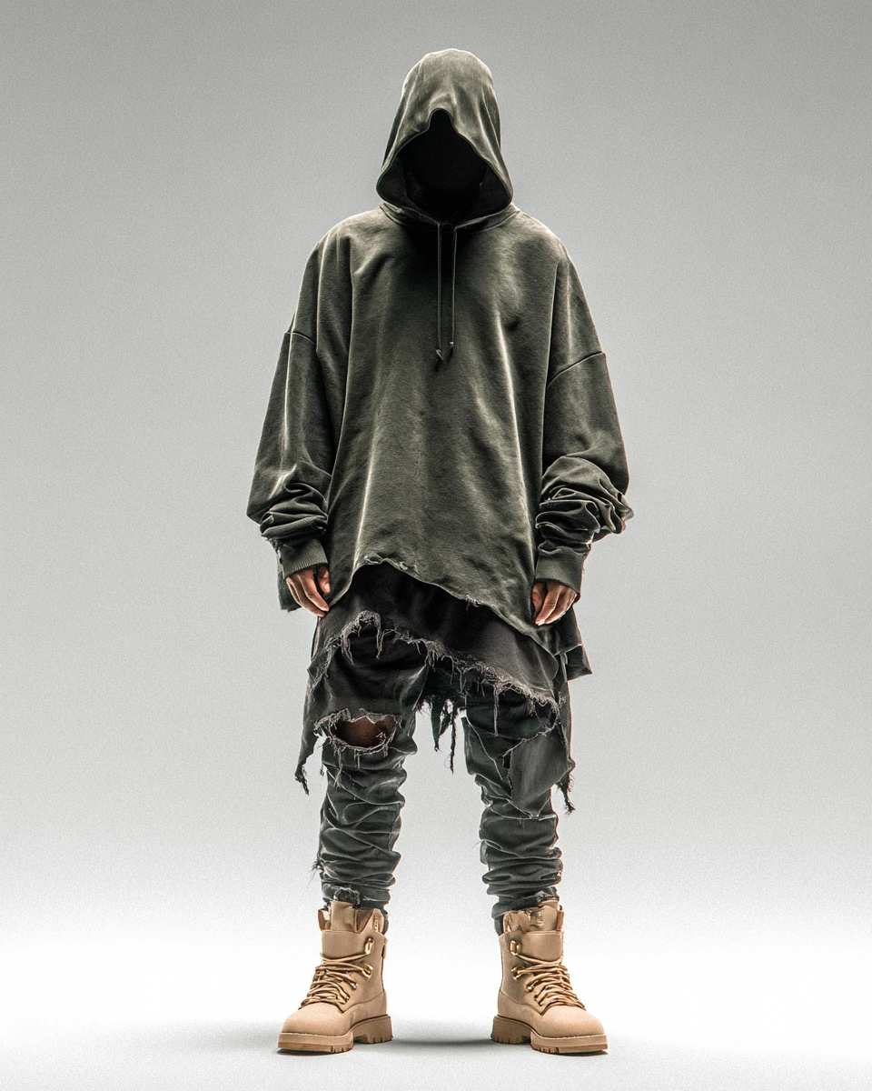 Modelo de streetwear encapuchado y sin rostro en pose de estudio de cuerpo completo