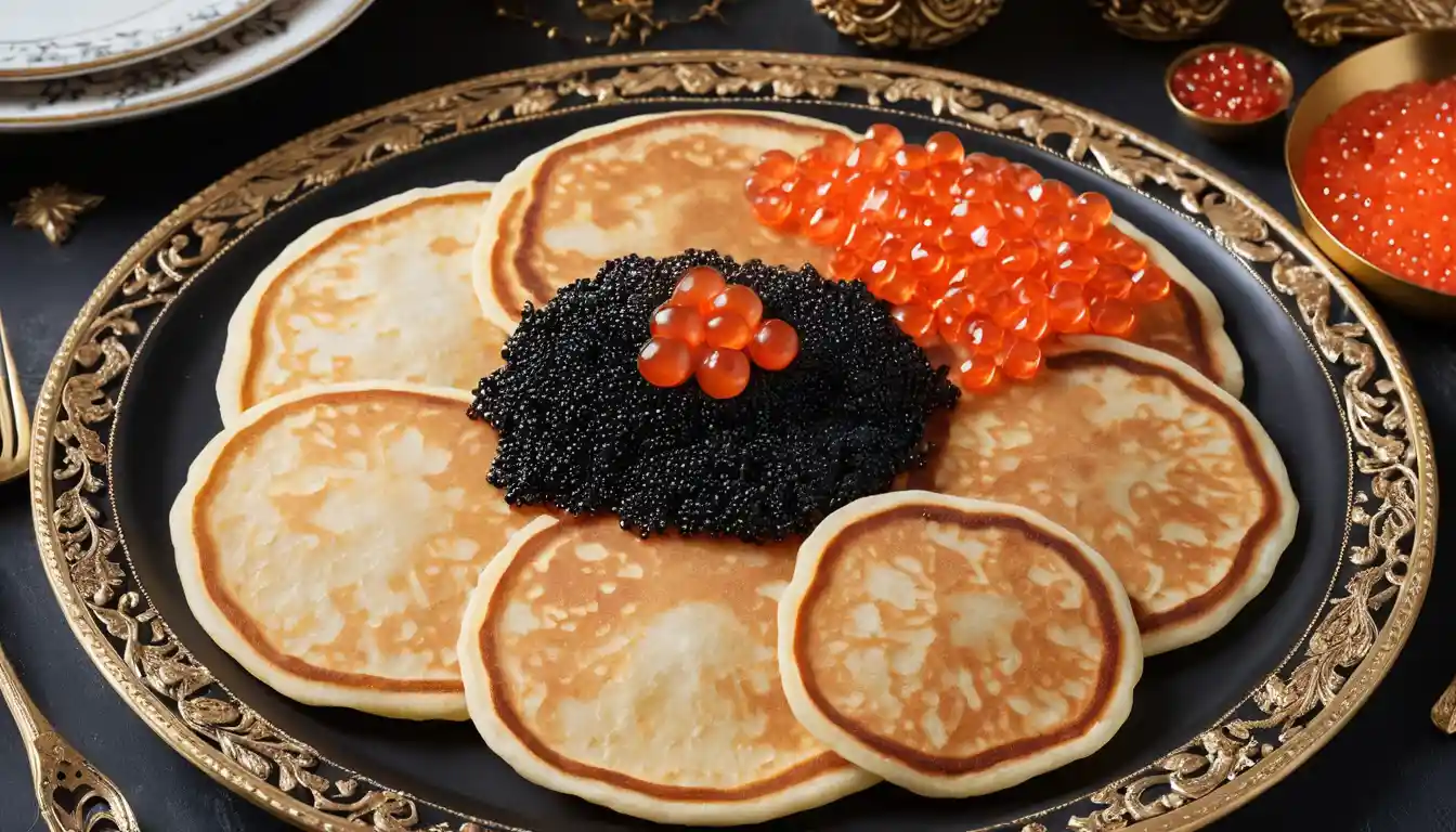 Panquecas com caviar vermelho e preto em prato estampado