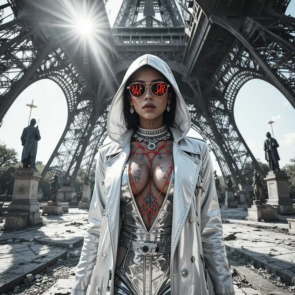Cyberpunk femme fatale under a transformed Eiffel Tower