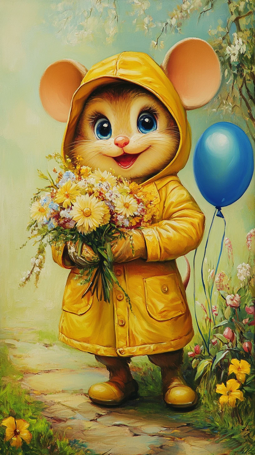 Rato de desenho animado com capa de chuva amarela segurando flores de campainha-de-neve