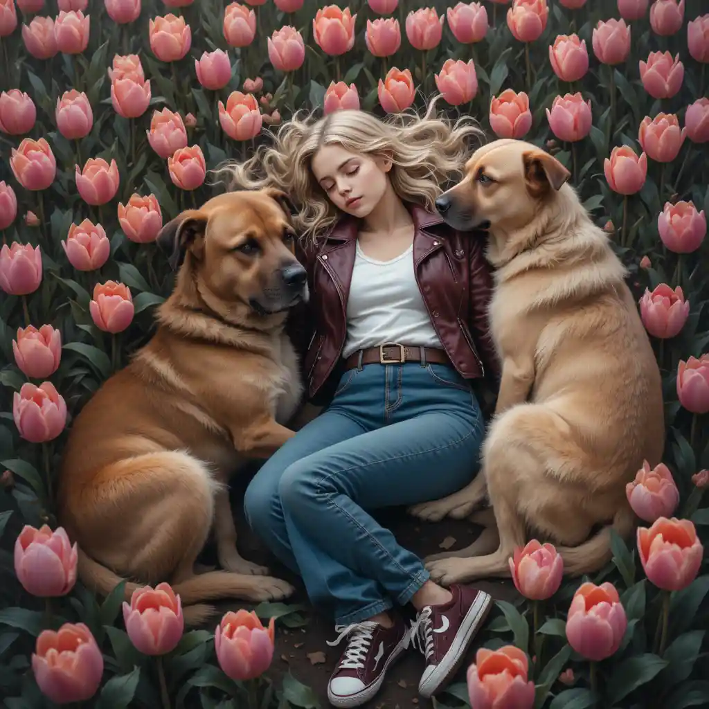 チューリップ畑で犬2頭に守られて眠る少女