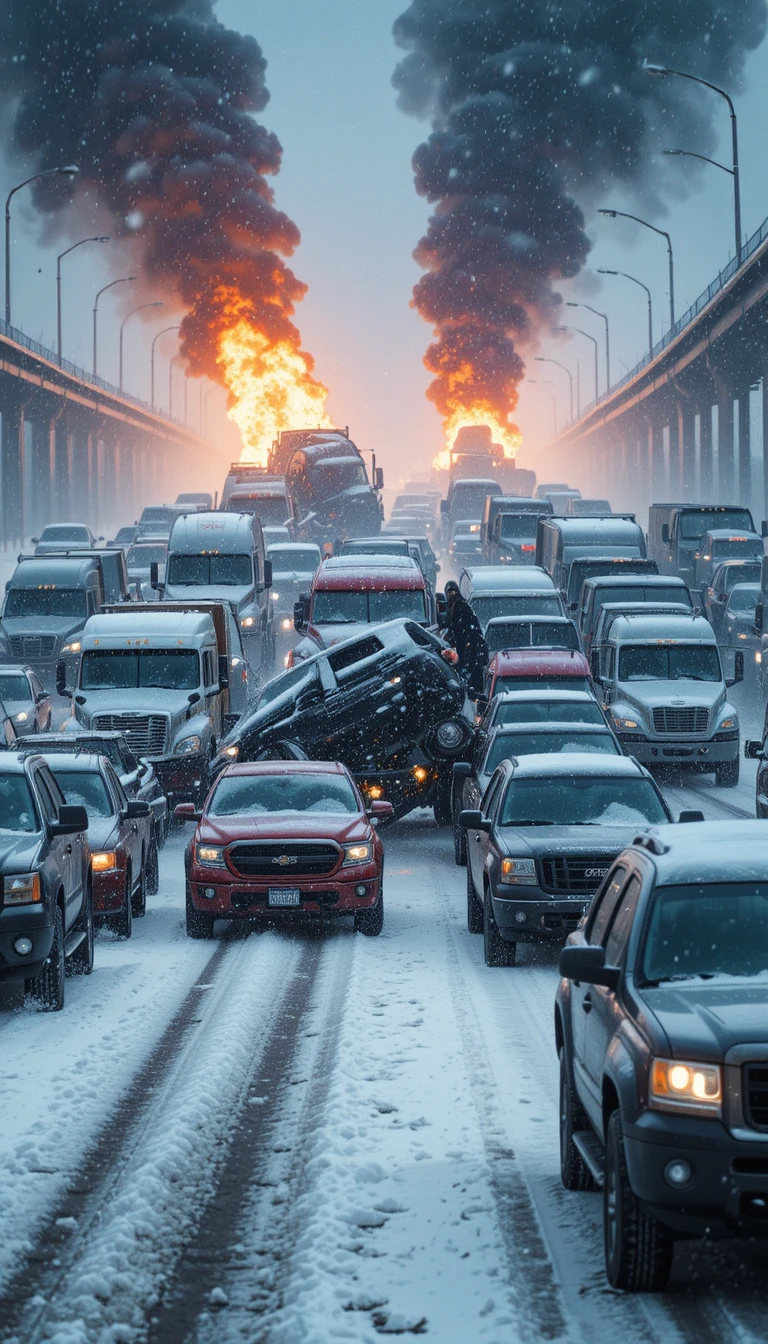 Massenkarambolage auf verschneiter Autobahn im heftigen Schneesturm