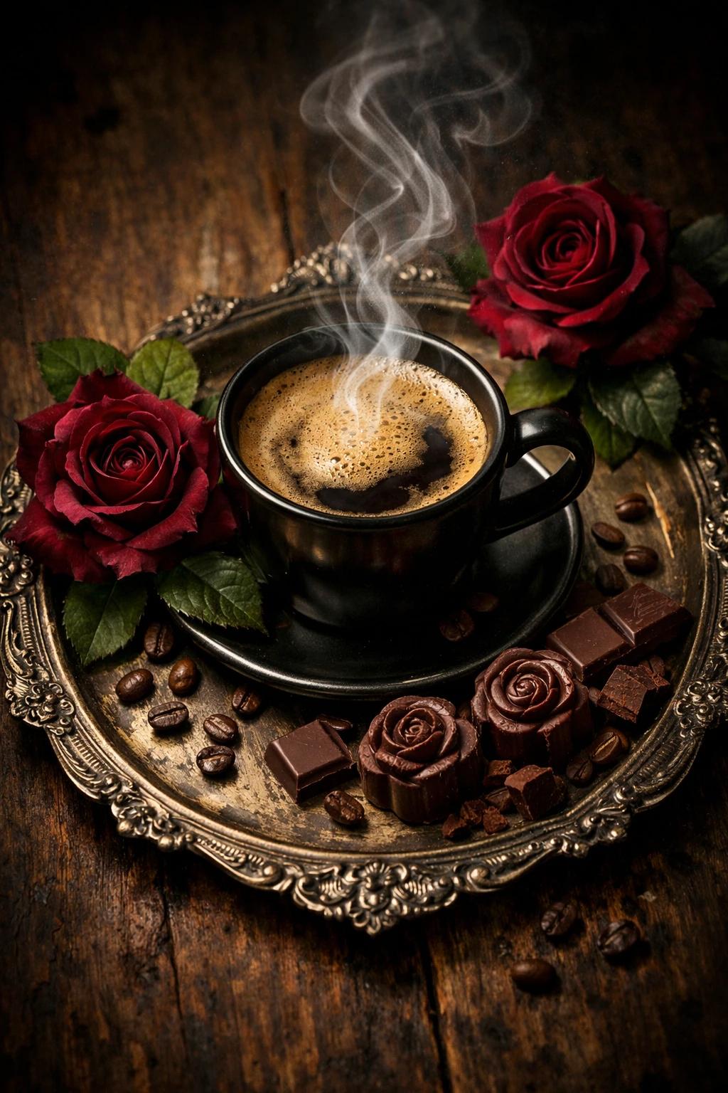 Kaffeetasse aus der Vogelperspektive mit Rosen und Pralinen auf einem Tablett