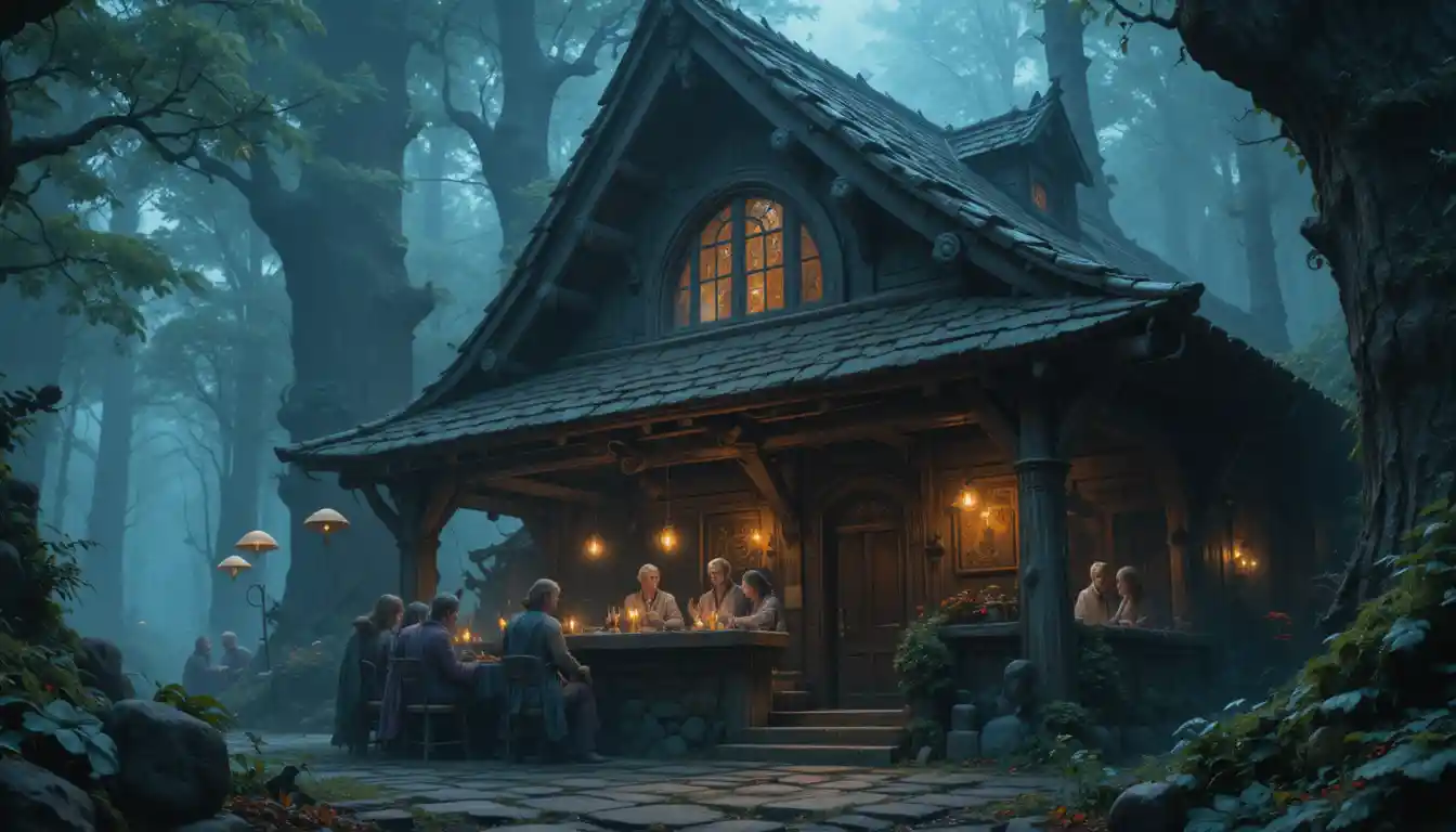 Taverna fantasy in una foresta incantata con rune luminose