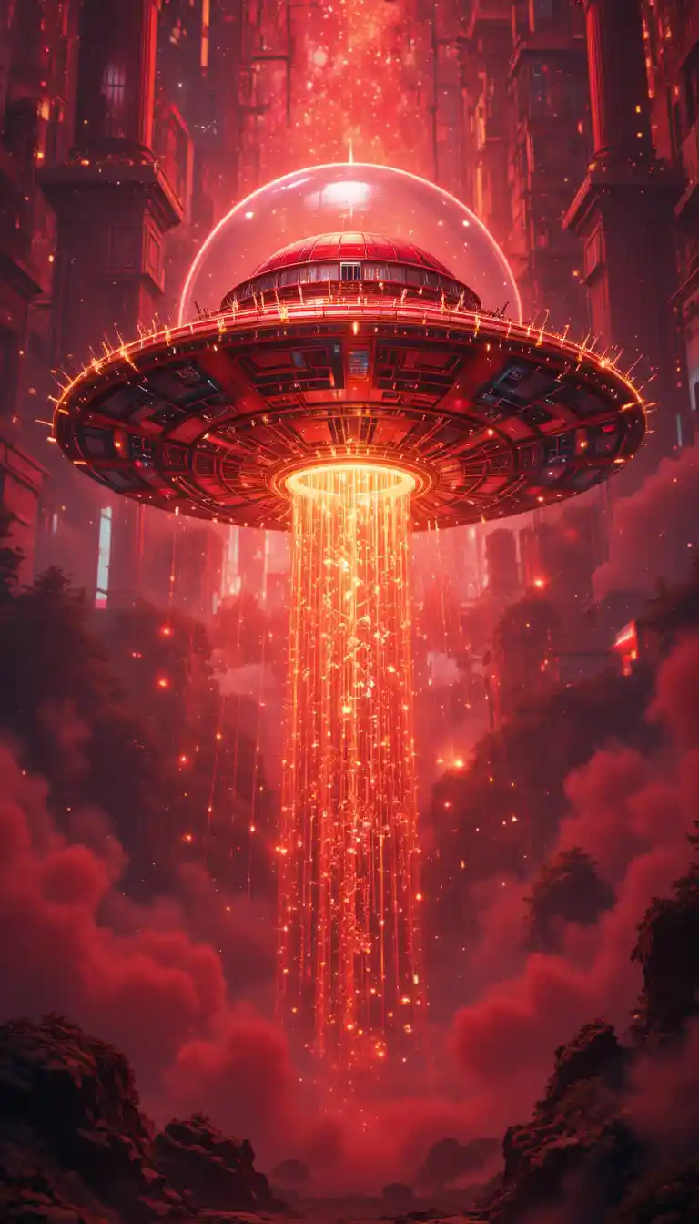 Dipinto digitale sci‑fi di UFO festivo in rosso e oro