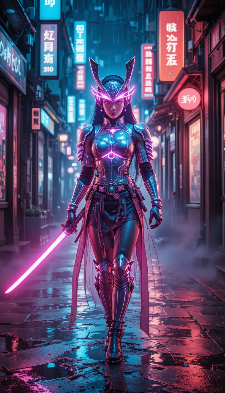 Samurai donna futuristica con armatura al neon in un vicolo piovoso