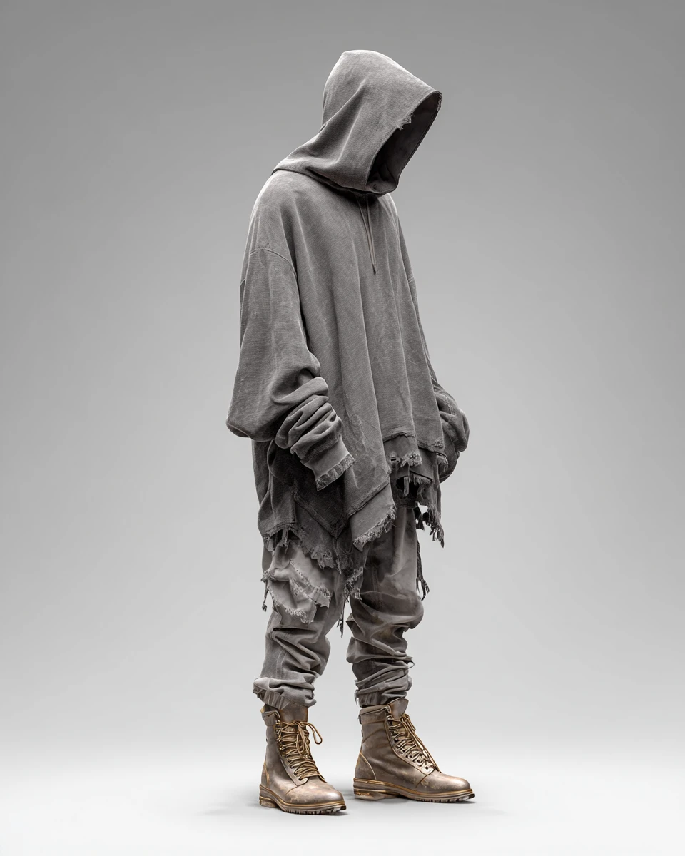 Modelo de streetwear encapuzado e sem rosto em retrato de estúdio minimalista