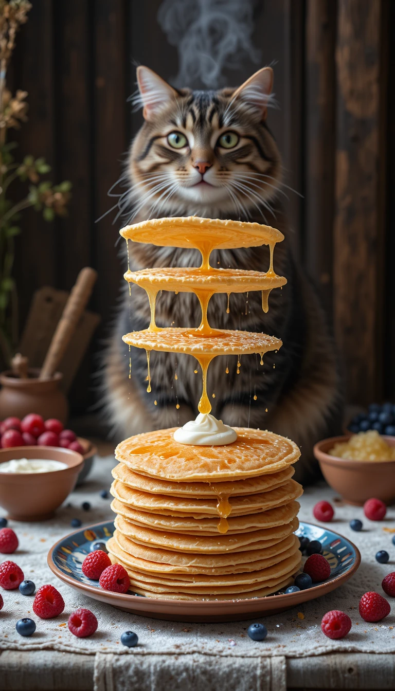 Stack of floating pancakes with splashing honey and cream