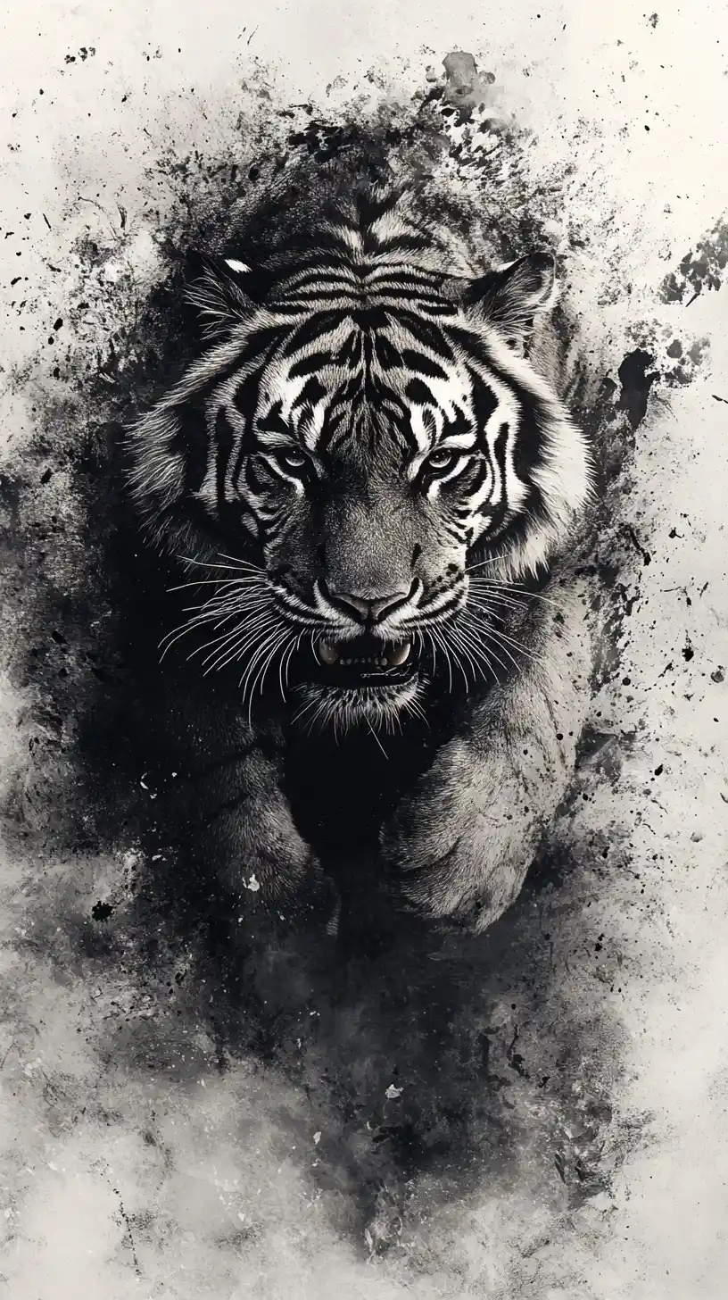 Tigre surreale ad acquerello con forme astratte frammentate