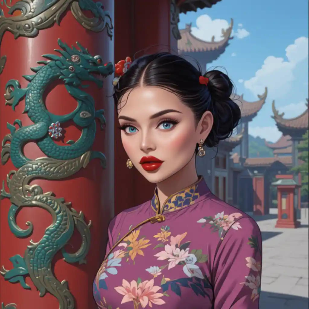 Woman in floral cheongsam beside green dragon temple pillar