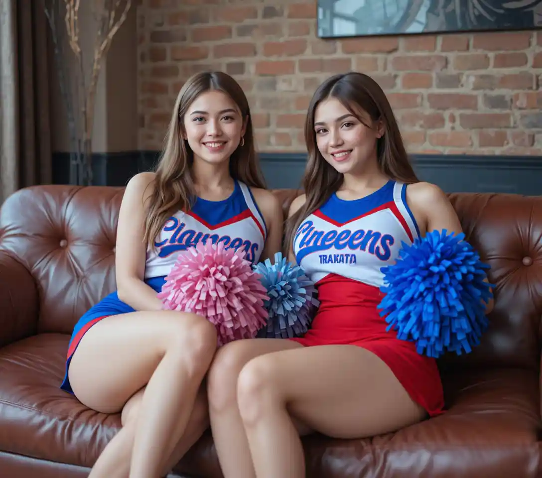 Two cheerleaders laughing together on a brown leather sofa