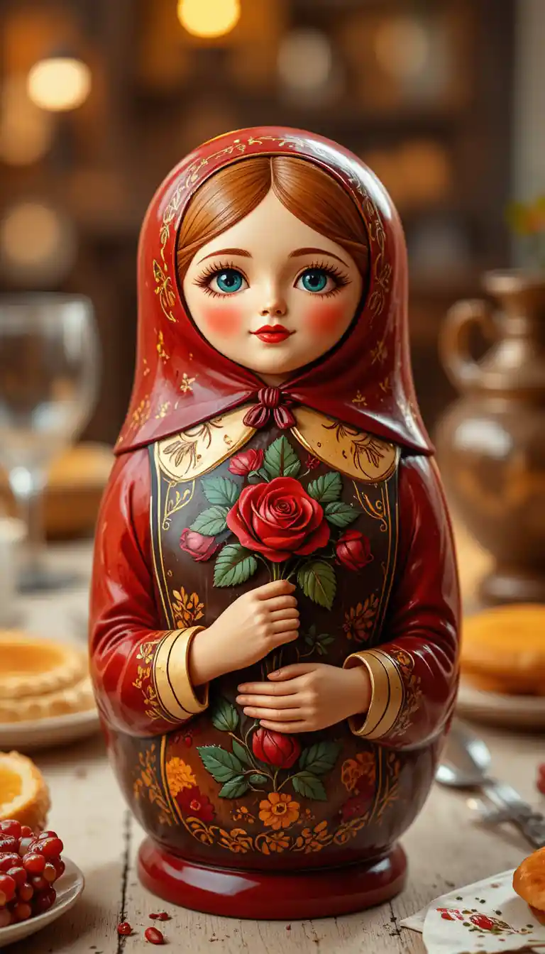 Boneca matriosca de madeira com rosa em luz cinematográfica suave