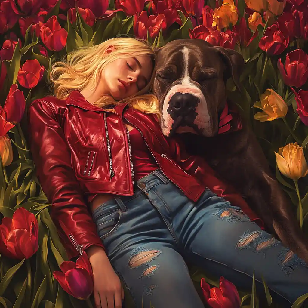 チューリップ畑で眠る少女と2匹の守護犬