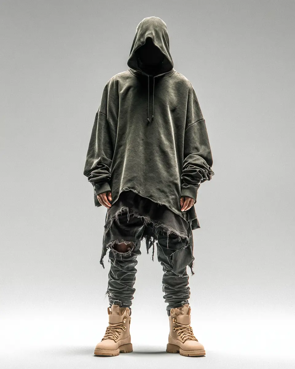 Modelo de streetwear encapuchado y sin rostro en pose de estudio de cuerpo completo