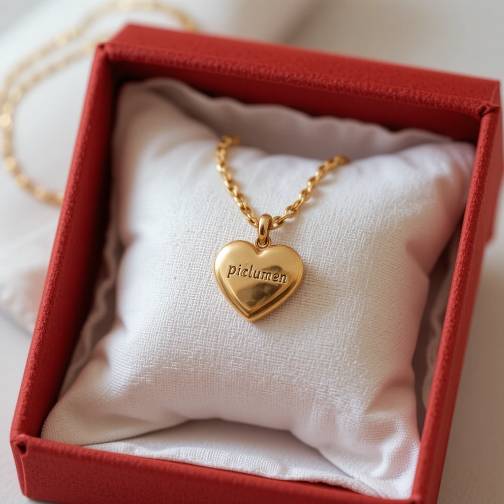 Colar de coração dourado em travesseiro branco em caixa de joias vermelha