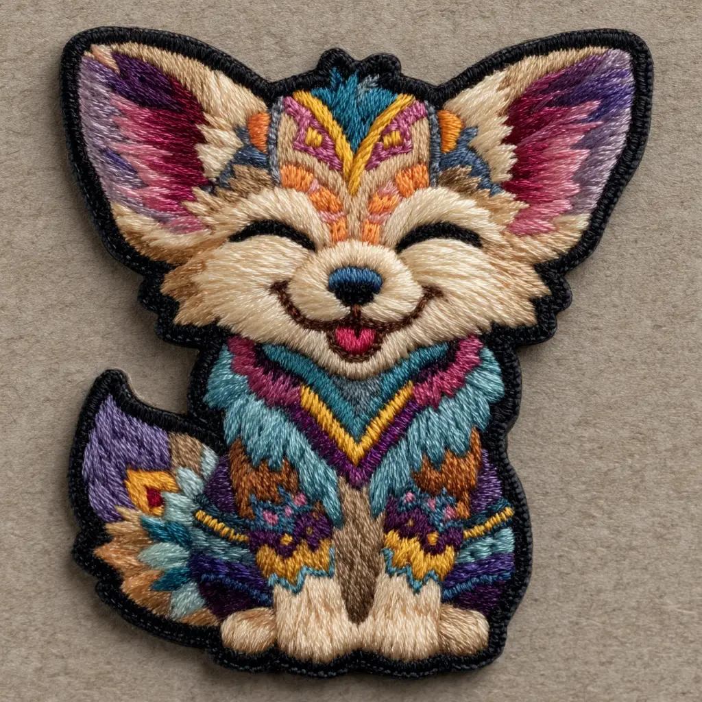 シンプルな背景のかわいい刺繍フェネックギツネステッカー