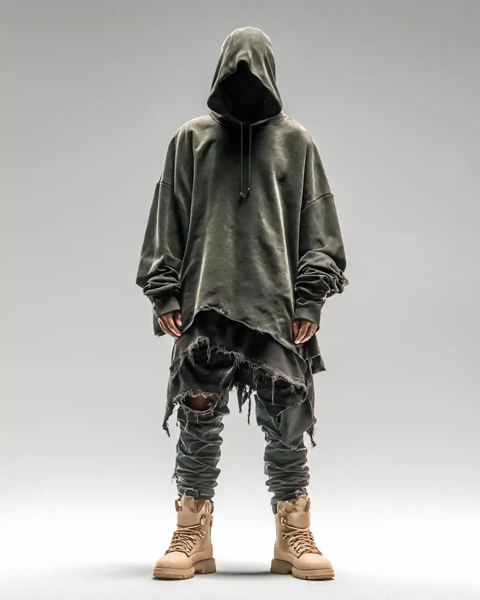 Gesichtslose Streetwear-Person mit Kapuze in Ganzkörper-Studiopose