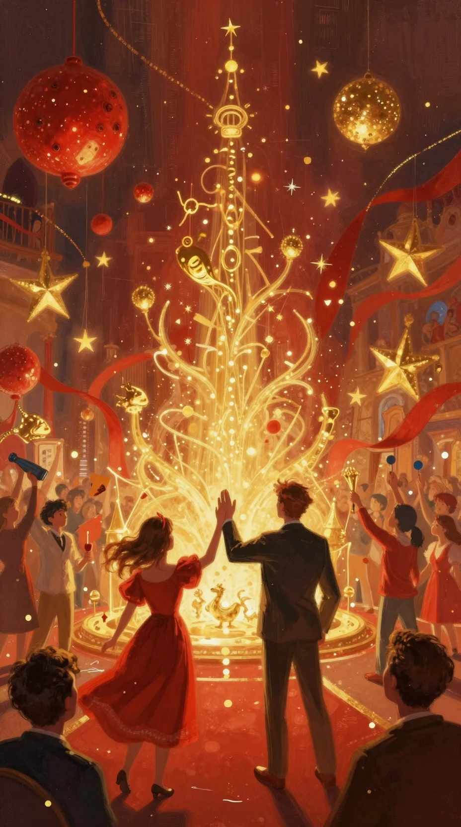 Pintura digital alegre em vermelho e dourado com luz dinâmica