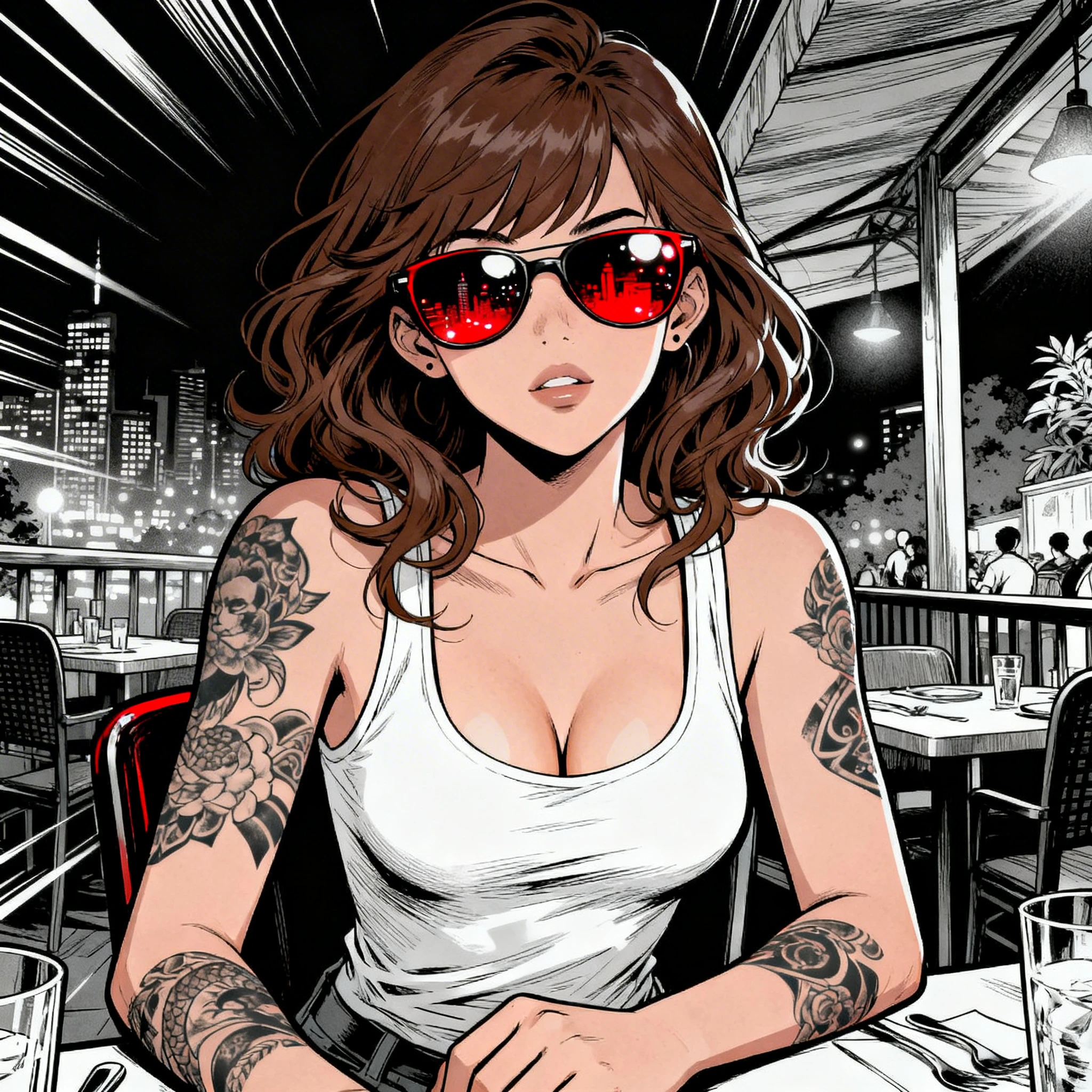 Ragazza tatuata con occhiali da sole al tavolo di un ristorante di notte