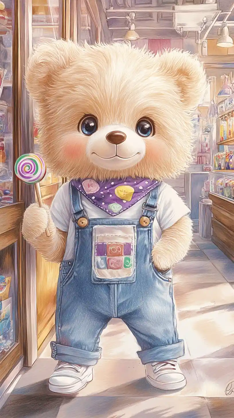 Cute Teddy Bear In Candy Shop Cartoon Illustration
