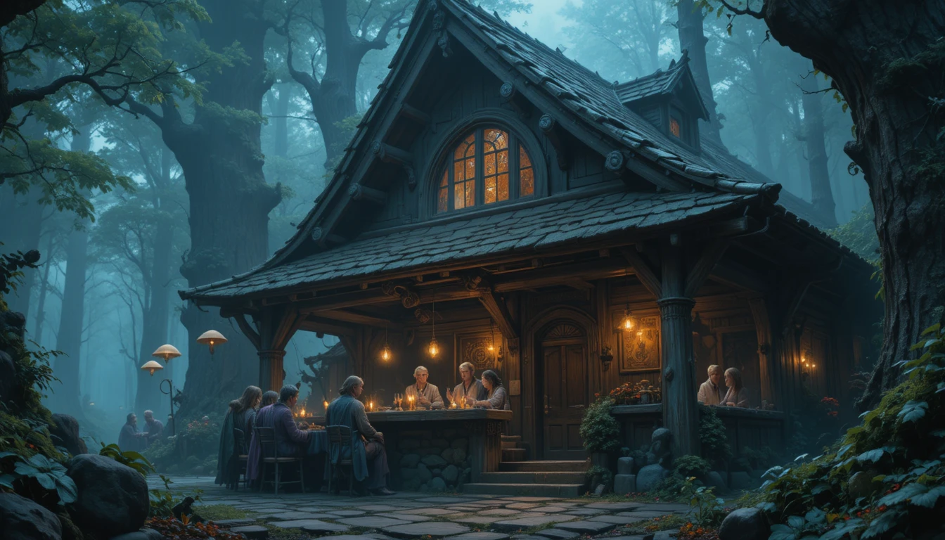 Taverna fantasy in una foresta incantata con rune luminose