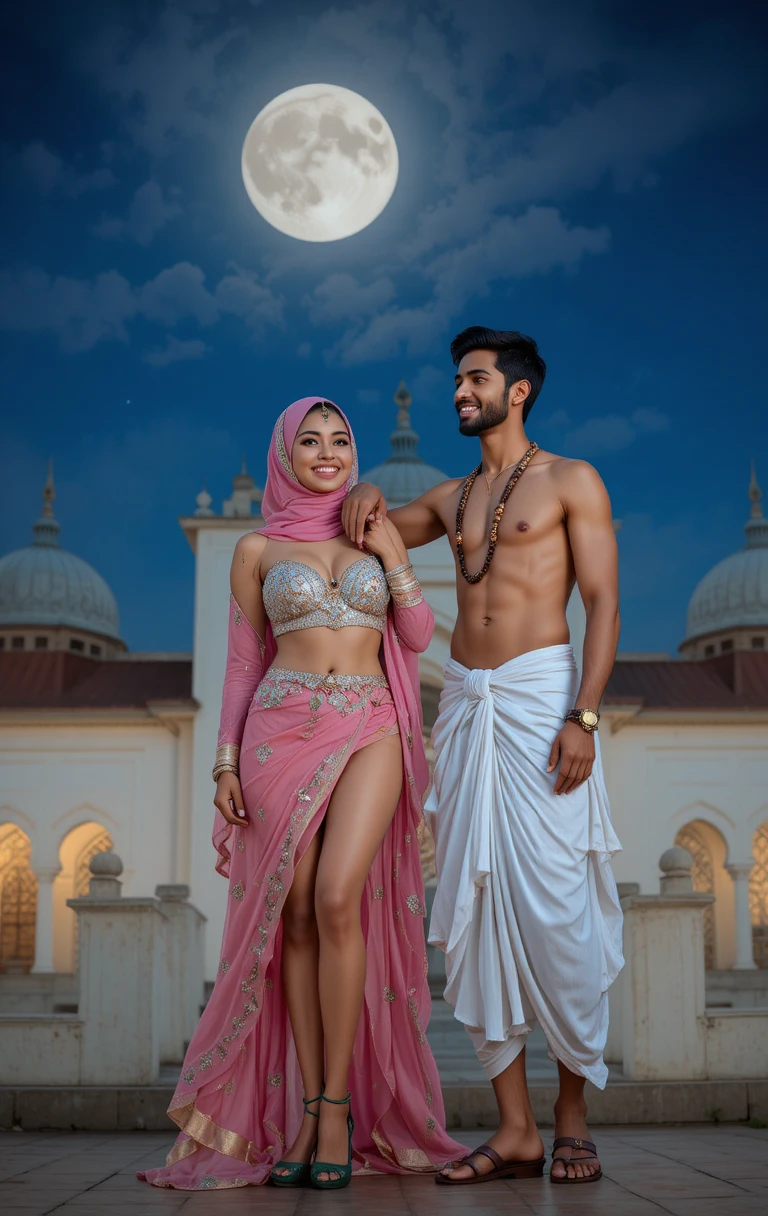 Casal feliz no terraço da mesquita sob a lua da noite