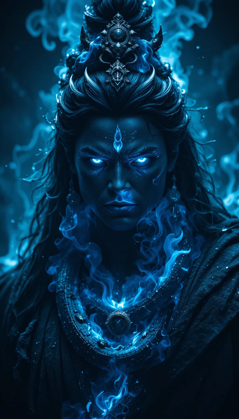 Close up of a fierce mythical deity in dark embers