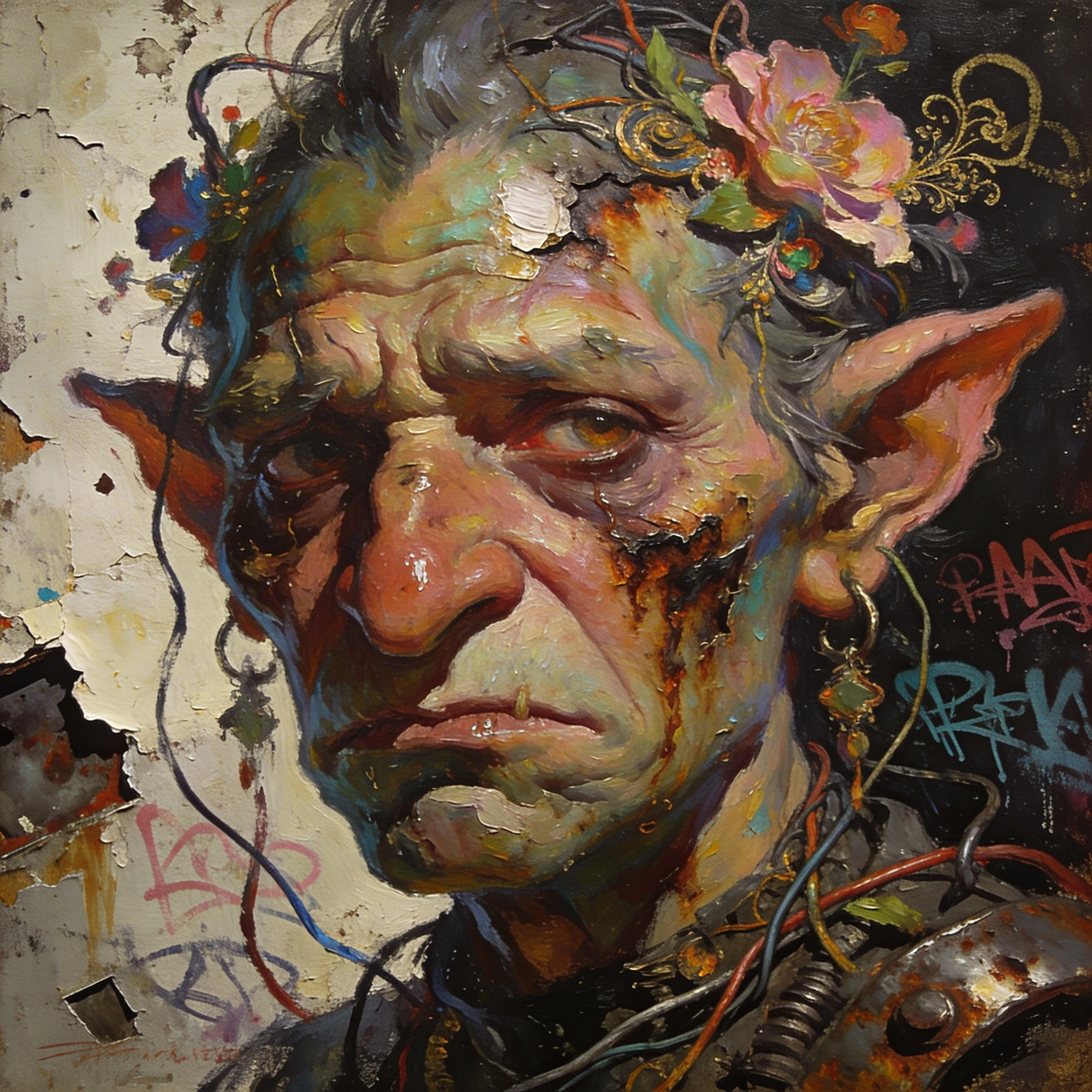Retrato em close de um troll triste em impasto
