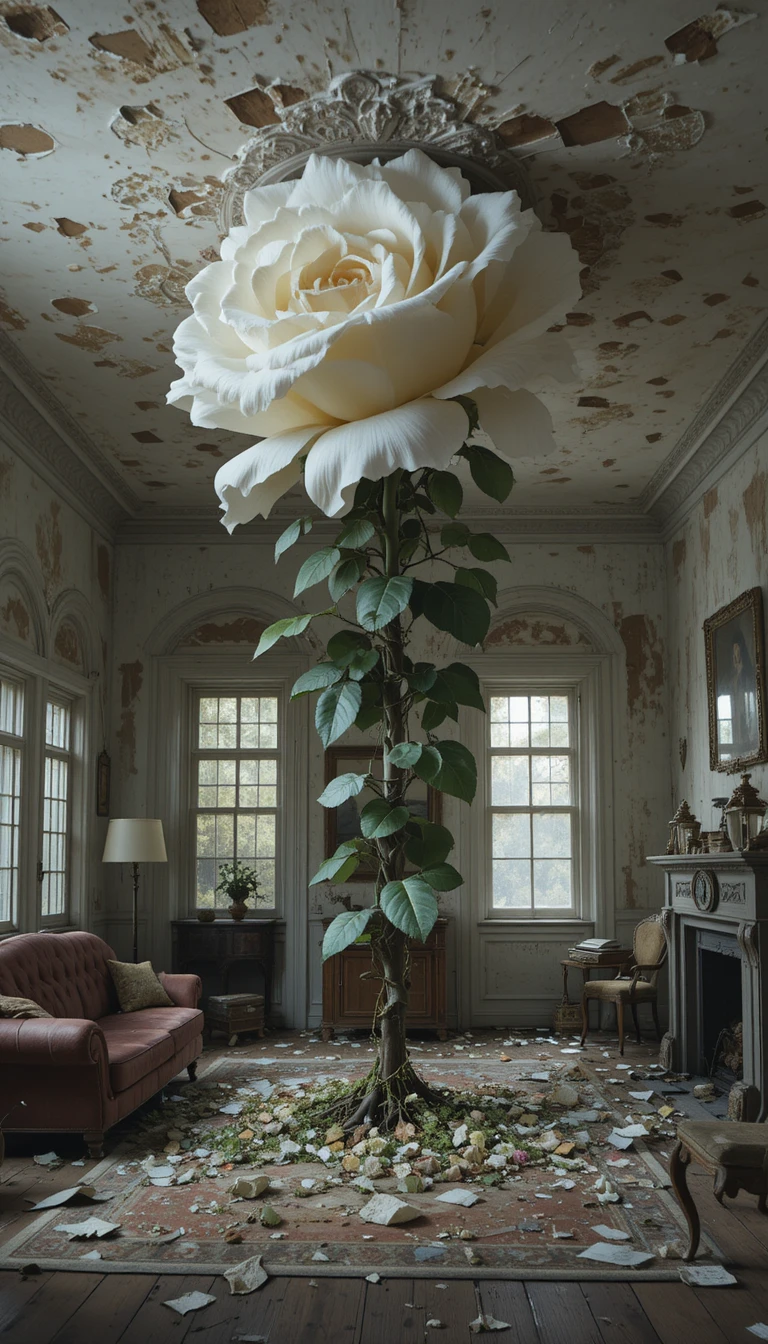 Giant White Rose Filling An Abandoned Living Room Interior