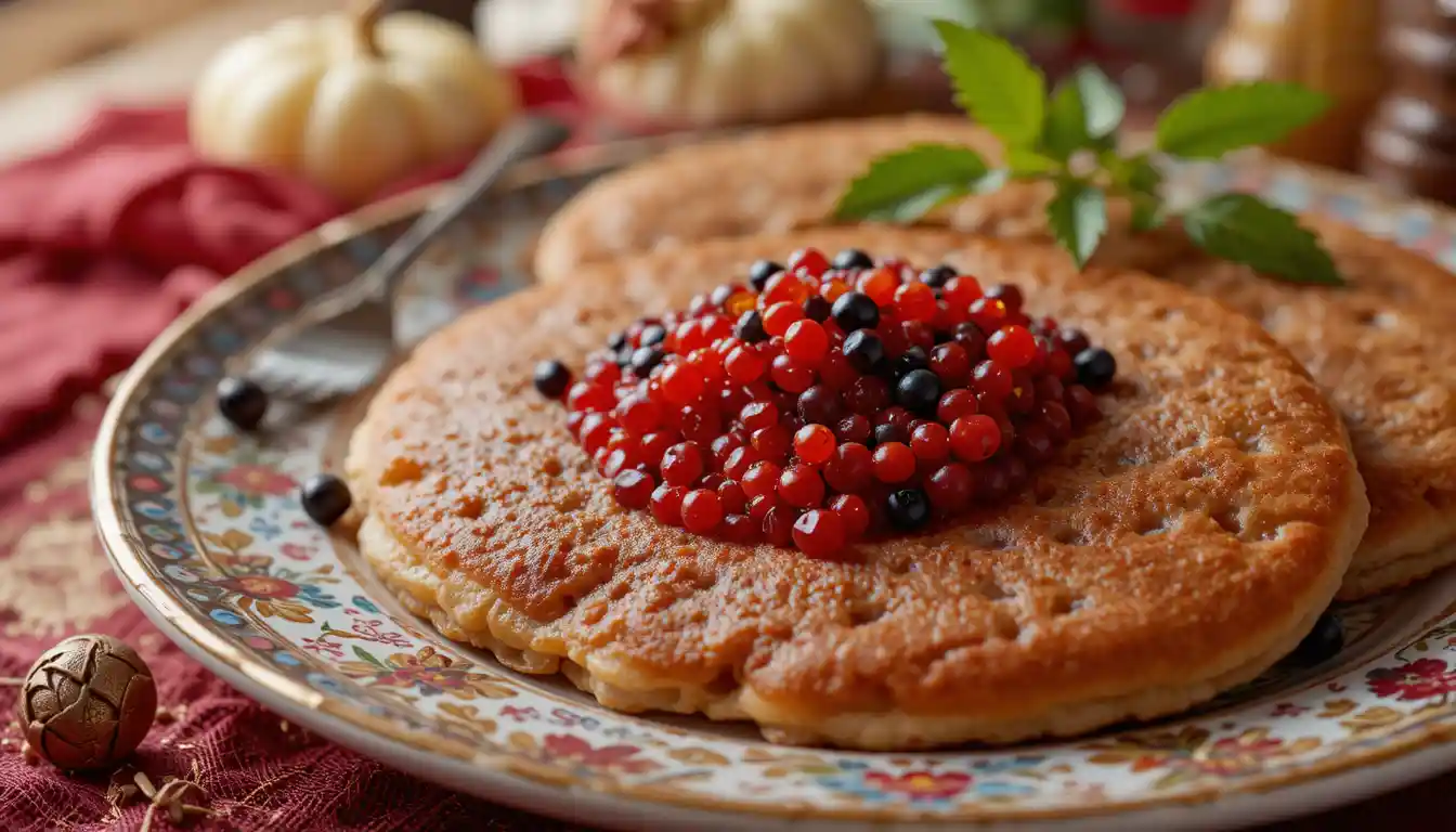 Roter und schwarzer Kaviar mit Pfannkuchen auf festlicher Platte