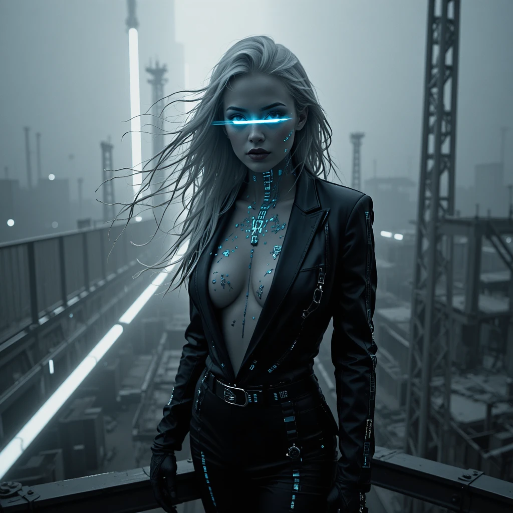 Cybernetic heroine on dystopian border tower in neon monochrome