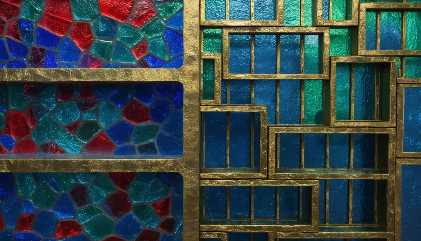 Cloison en verre abstraite et étagères métalliques dans une pièce bleue