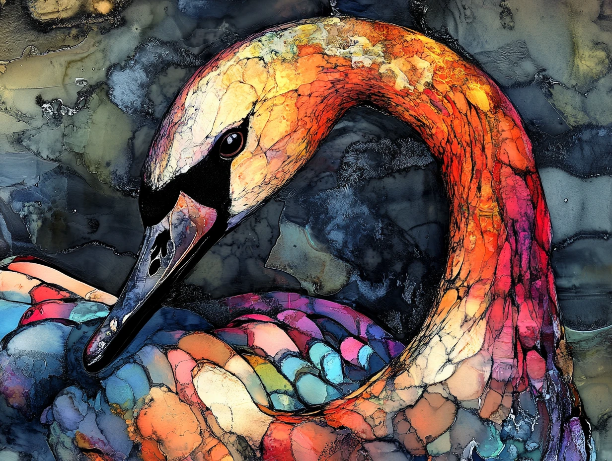 Cygne abstrait en encre noire dramatique et couleurs vives