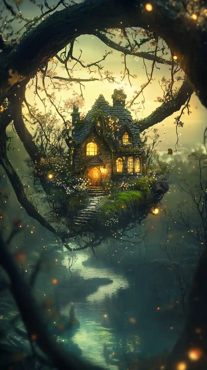 Paysage de cottage fantastique dans la silhouette d’une feuille au lever du soleil
