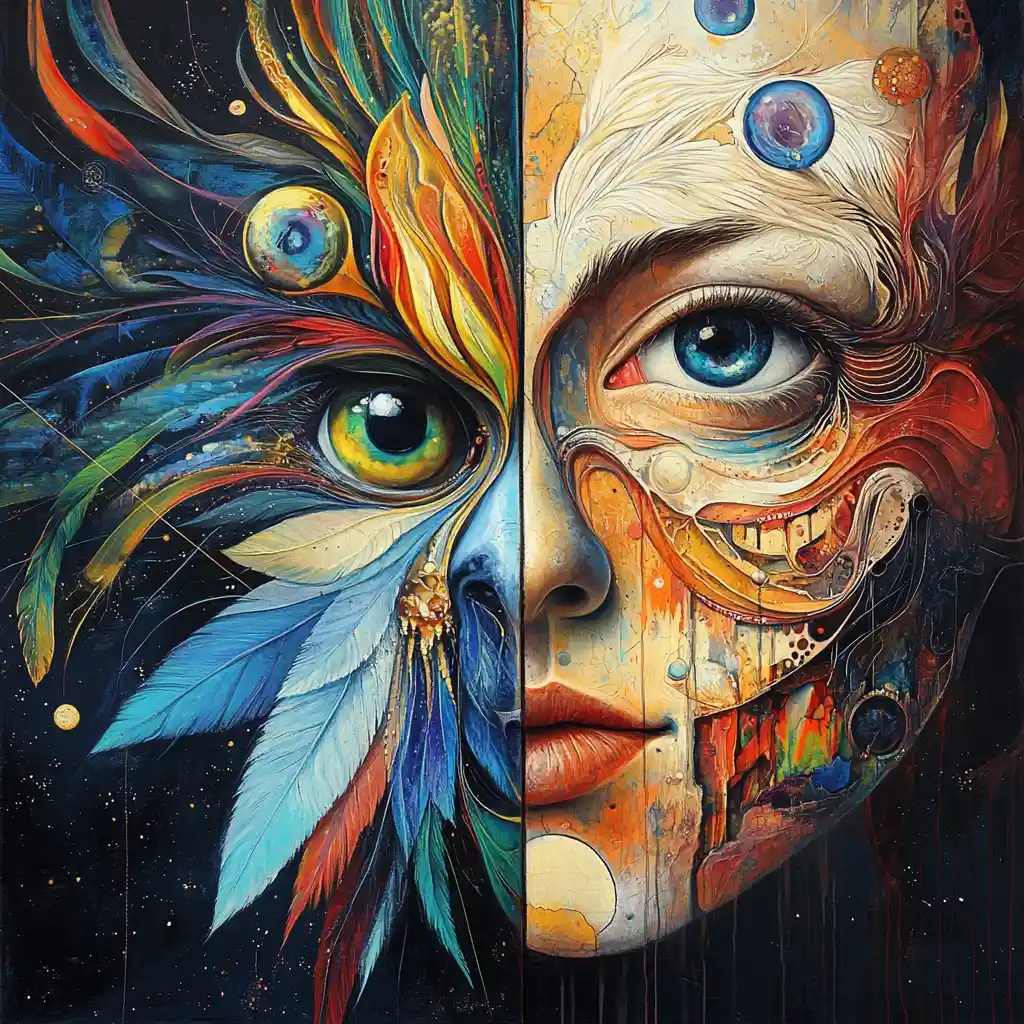 Surreal Hybrid Face With Cosmic Bird And Human Duality