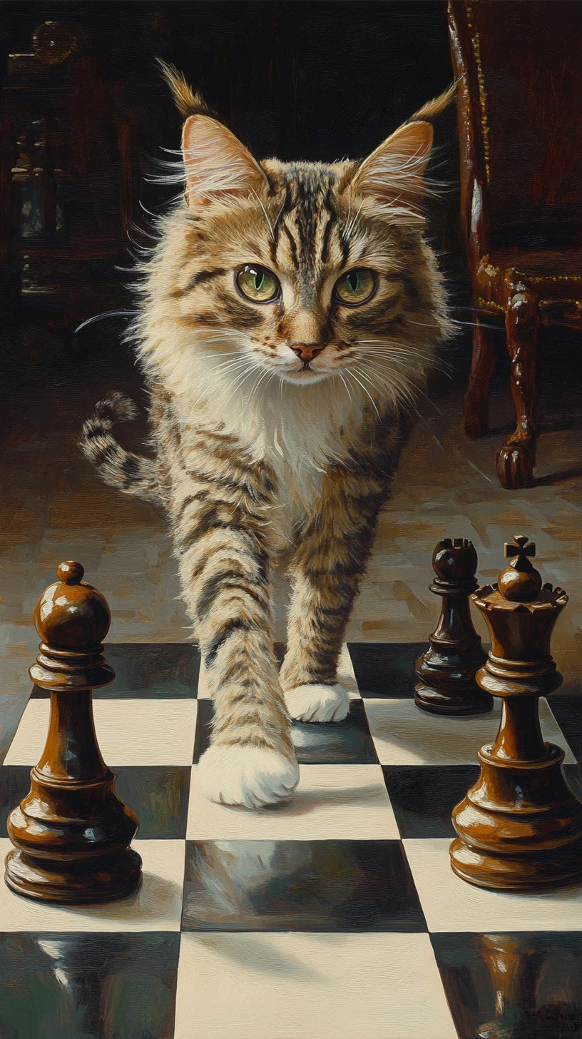 Chat cartoon surréaliste sur échiquier, style peinture à l’huile