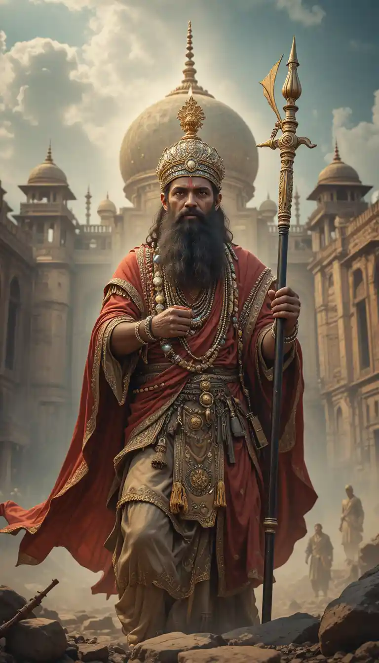 Warrior king descending palace stairs with shining crown