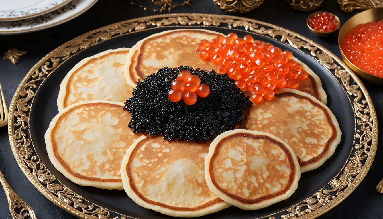 Panquecas com caviar vermelho e preto em prato estampado