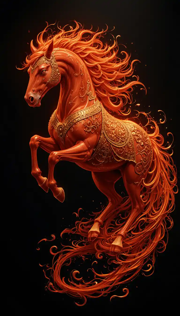 Cavallo rosso fiammeggiante che si lancia tra le fiamme su sfondo nero