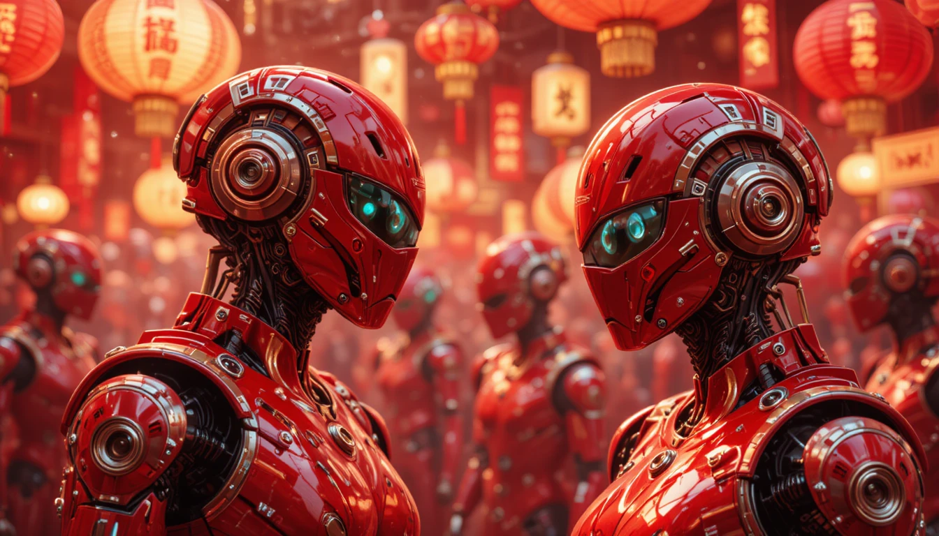 Robôs humanóides celebram o Ano Novo Chinês em cidade futurista