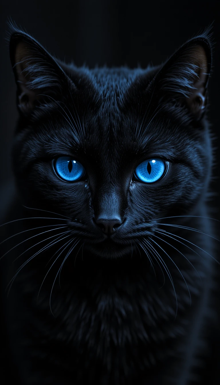 Gato preto em close com olhos azuis vívidos em fundo escuro