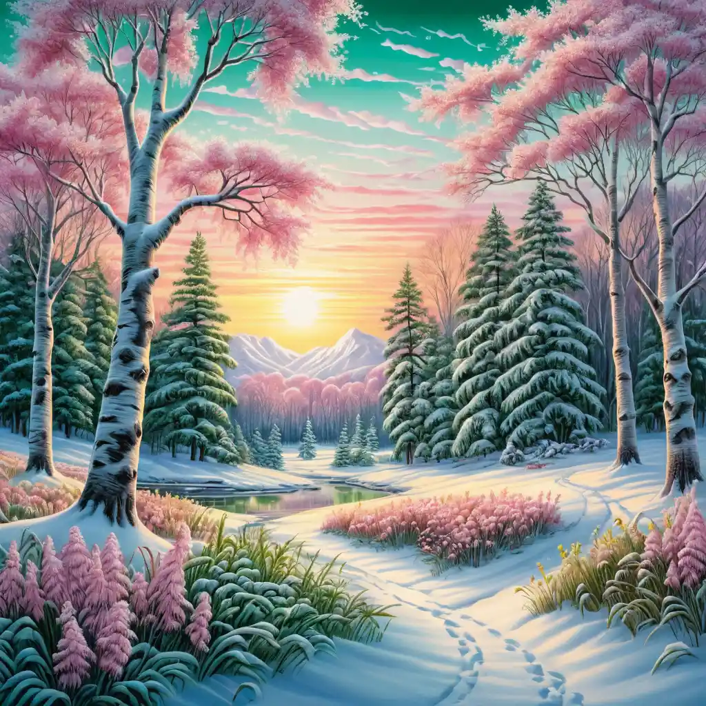冬日草地上日出時的雪白樺樹插畫