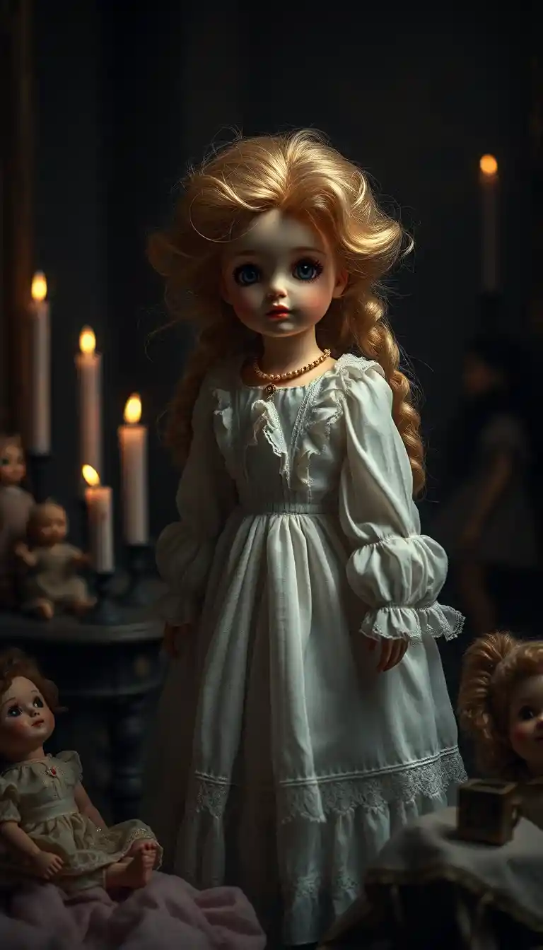 Boneca de porcelana em sala à luz de velas entre brinquedos vintage gastos