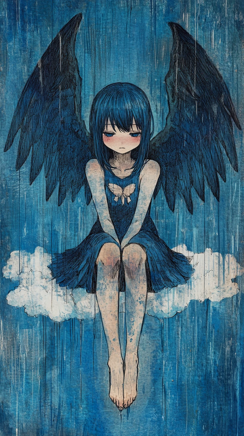 Trauriges Anime-Mädchen mit Flügeln, das auf einer Wolke sitzt